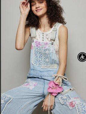 POL Light Blue Denim Patchwork Jumpsuit with Floral Accents